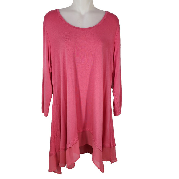 LOGO By Lori Goldstein Tunic Top Women Large Chiffon Hem 3/4 Sleeve Pink A275785 - Picture 1 of 11
